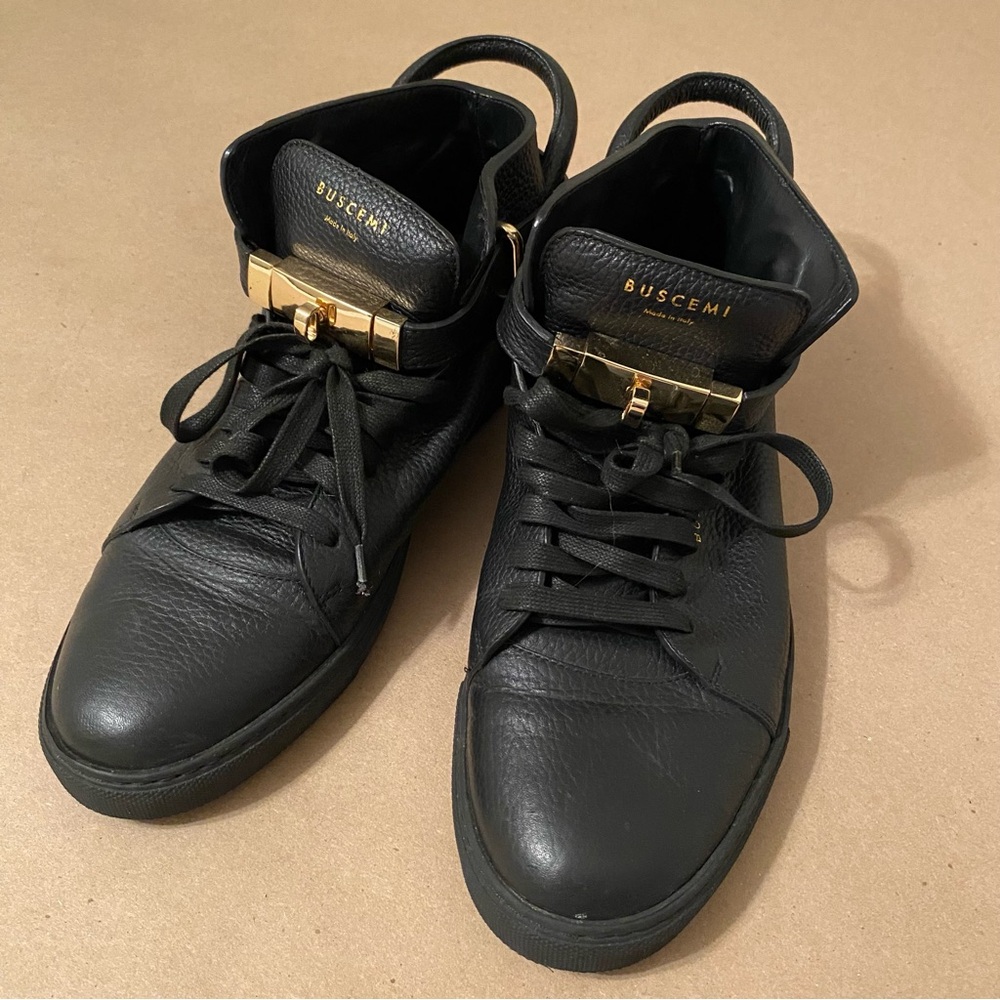 Buscemi black leather high top sneakers w Hermes birkin inspired gold hardware